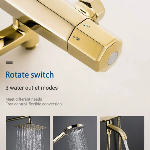 Close-up of UBNMIUBV Shower Head -Pe Rain Shower System Thermosshower Combo Set gold wall-mounted faucet switch with 3 water modes.