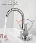 Single Handle Swivel Spout Bathroom Sink Faucet With Pop Up Drain Overflow And Flexible Supply Hose Brushed Nickel Finish Drip Free Ceramic Disc Valve Ideal For Bar Sinks And Small Kitchens shown with water flow