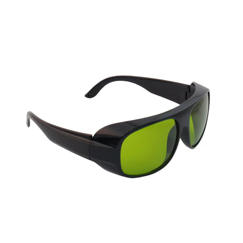 Professional Laser Engraving Safety Glasses With Badass Eye Protection And Hella Reliable 450Nm 1064Nm Nd Yag Blocking For Every Workshop Project Designing And Jewelry Crafting Tasks, featuring green lenses and black frames.