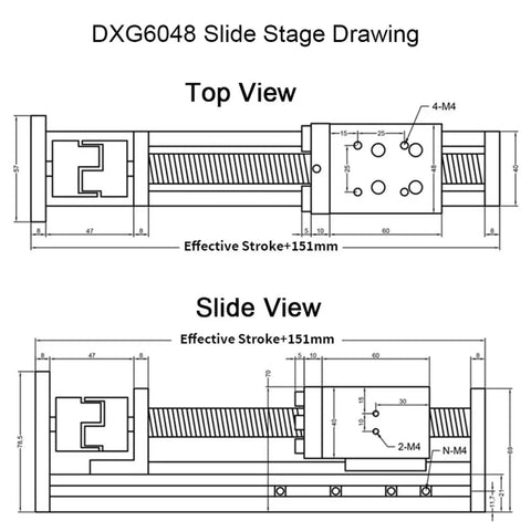 DXG6048 Slide Stage Drawing top and side views with effective stroke of 151mm for Heavy Duty XYZ Liner Block Linear Guide.