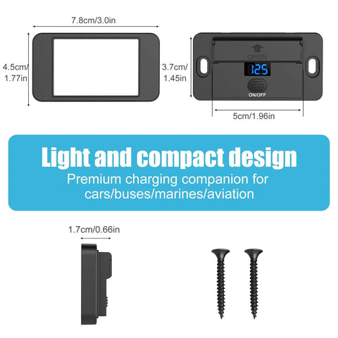 Slick 2 Pack 12V USB Outlet With Voltmeter And Four Fast Charging Ports PD 36W QC 18W Surface Mount Charger Socket dimensions and design details.