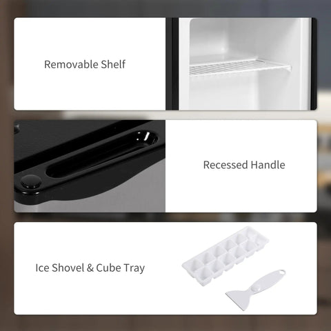 Removable shelf and recessed handle of Sick Silver Mini Freezer With 1.1 Cu Ft Storage Capacity for easy access.