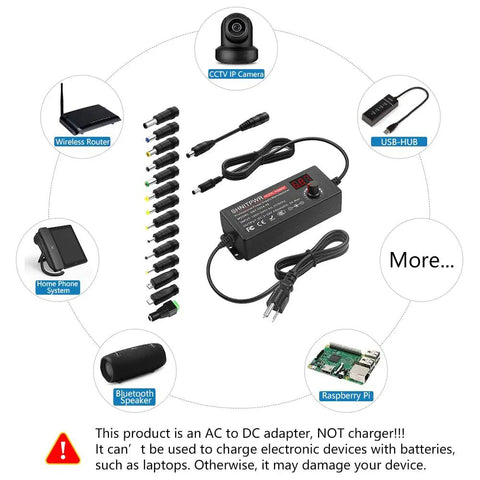 Universal AC to DC Power Adapter 3V to 24V, 2A 48W with 14 tips and polarity converter, shown with compatible devices.
