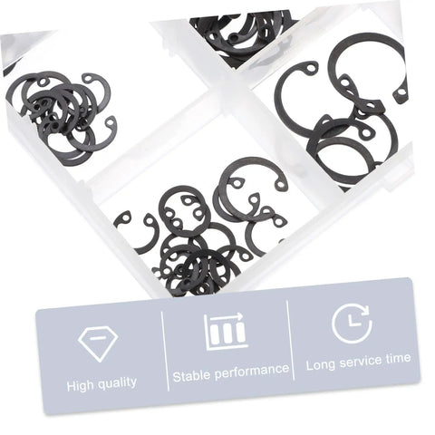 225-Piece Carbon Steel C-Shape Snap Ring Kit With External Retaining Clips for Shafts in storage box with features listed