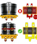 Detachable Oil Spill Containment Pallet For Two Drums Low Profile Stackable Grating Tray showcasing proper and improper forklift use
