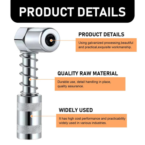 90 Degree Right Angle Grease Gun Coupler for Tight Spaces showing heavy-duty steel, corrosion-resistant details
