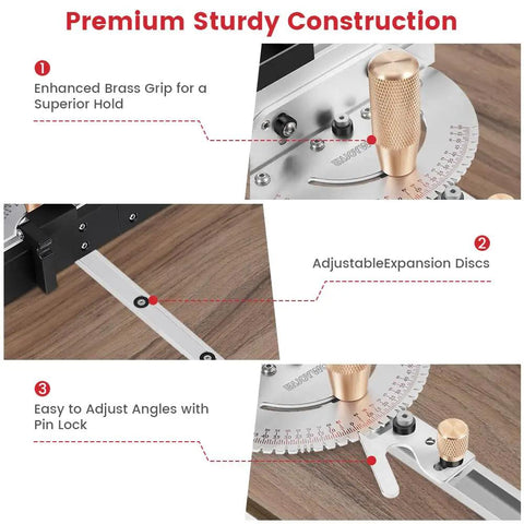 Slick Brass Handle Miter Gauge With Smooth Roll Track Stops And Solid Build Box Joint Jig, detailed construction features and adjustments.