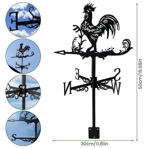 Rooster Weather Vane Silhouette Art Black Metal Wind Vane Kit For Garden Roof Yard Outdoor Decor Durable Outdoor Bird Weathervane Farmhouse Cupola Barn Top Bracket