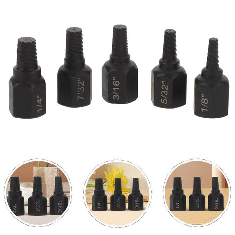 Hot 5 Piece Black Carbon Steel Bolt Extractor Kit For Broken Screw Removal Tool Set With Precision Hex Grip 1/8 To 1/4 Inch Size, five extractors
