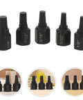 Heavy Duty 5 Pc Bolt Extractor Set With Cool Spiral Flute Design For Stripped Broken Screw Removal Tool Plus Easy Grip Carbon Steel Handles, sizes 1/4 to 1/8 in