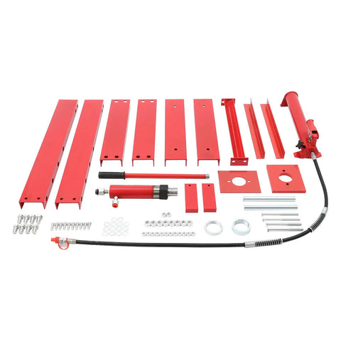 Heavy Duty Hydraulic Benchtop Shop Press With Three Gear Adjustable Height Pressure Gauge Hydraulic Pump H Frame Design parts spread out.