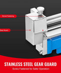 Stainless steel gear guard of Slip Roll Machine with 12.6 inch forming width for 20 gauge metal, showing screw fastening and gear protection.