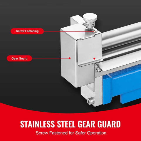 Stainless steel gear guard of Slip Roll Machine with 12.6 inch forming width for 20 gauge metal, showing screw fastening and gear protection.