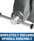 Heavy Duty Pipe And Bench Vise Four And One Half Inch Jaw Width With Six Inch Maximum Opening And Four And Three Fourths Inch Throat Cast Iron Construction Sealed For Longevity And Smooth Operation With Precision Front Jaw Slide, enclosed spindle