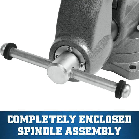Heavy Duty Pipe And Bench Vise Four And One Half Inch Jaw Width With Six Inch Maximum Opening And Four And Three Fourths Inch Throat Cast Iron Construction Sealed For Longevity And Smooth Operation With Precision Front Jaw Slide, enclosed spindle