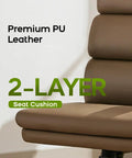 Close-up of tan seat cushion on tall drafting chair with padded flip up armrests, ergonomic leather backrest, adjustable footrest ring for standing desks.