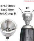 Close-up of Go To Deburring Chamfer Tool Set with quick change bit, fits 3-19mm, 3-HSS blades, showing front and side view.