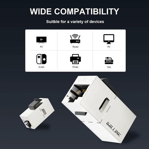 10Gbps Cat7 Shielded RJ45 Keystone Coupler Pack showing wide compatibility with various devices like PC, router, printer.