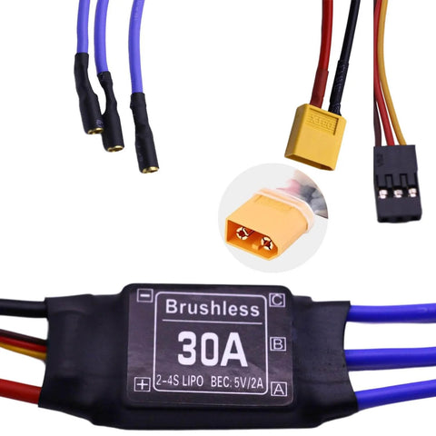 30A Brushless ESC Motor Controller for RC Cars, Drones, and Helicopters with 30A Continuous and 40A Peak, XT60 connector