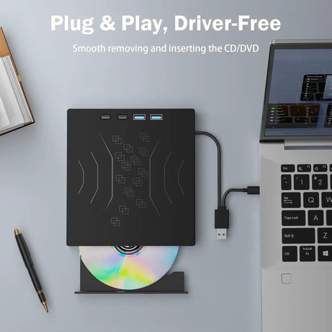 7 In 1 External CD DVD Drive For Laptop With USB 3.0 And Type C Support connected to laptop, plug and play, driver-free