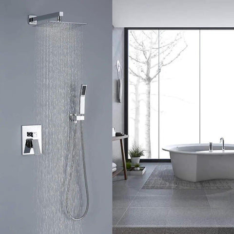 Polished Chrome Shower System Kit Full Wall Mount With 12 Inch Rainfall Head, Dual Handle Faucets, Handheld Shower, Brass Valve, SUS 304 Stainless Steel Trim, Easy Install, Modern Complete Shower Set in modern bathroom interior.