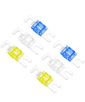 Heavy Duty Fuse Distribution Combo Block For Dual Amplifier Ground Wiring Zero To Four Gauge Input Twin Output Terminals with colorful fuses.