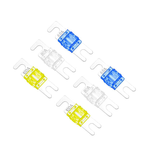 Heavy Duty Fuse Distribution Combo Block For Dual Amplifier Ground Wiring Zero To Four Gauge Input Twin Output Terminals with colorful fuses.