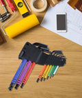 Kick Up Your Gear Game With This 9Pcs Long Arm Hex Key Set Featuring Durable Hardened Steel L Shape Wrenches That Crush Tough Jobs Without Breaking Or Slipping For Serious Repair Pros And DIY Whizzes Alike. 9-piece color-coded hex key set in case on wood desk