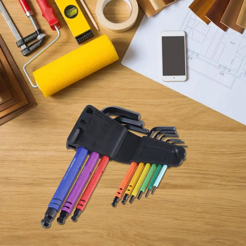 Kick Up Your Gear Game With This 9Pcs Long Arm Hex Key Set Featuring Durable Hardened Steel L Shape Wrenches That Crush Tough Jobs Without Breaking Or Slipping For Serious Repair Pros And DIY Whizzes Alike. 9-piece color-coded hex key set in case on wood desk