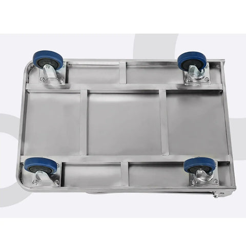 Built Tough Premium Job Site Heavy Duty Foldable Push Cart With Thick Stainless Steel Tray designed for moving tools, showing sturdy tray base and wheels.