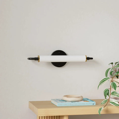 16.5 Inch LED Vanity Light Bar Over Mirror In Black And Gold, 18W 3000K warm white wall sconce above wooden shelf with plant