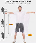 Extra Long Adult Rain Ponchos With Hood, Disposable Waterproof Rain Gear 6 Pack, man wearing clear poncho, size guide