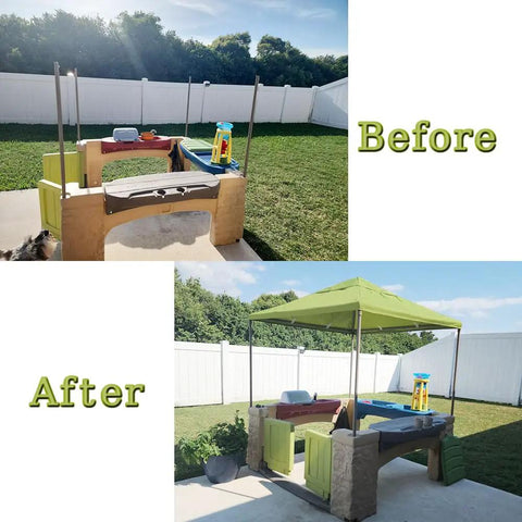 Before and after of play kitchen with All Around Playtime Patio Canopy Replacement For Outdoor Play Kitchen Playset.