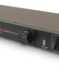 Dope 1U Rack Mount Power Conditioner With Knockout Surge Protection And Slick Noise Filtering Featuring Dual Front Pull Out LED Lights Plus Fast Read Voltage Monitor Display For Tight Audio Gear Setup, front view, black chassis.