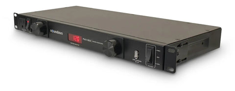 Dope 1U Rack Mount Power Conditioner With Knockout Surge Protection And Slick Noise Filtering Featuring Dual Front Pull Out LED Lights Plus Fast Read Voltage Monitor Display For Tight Audio Gear Setup, front view, black chassis.