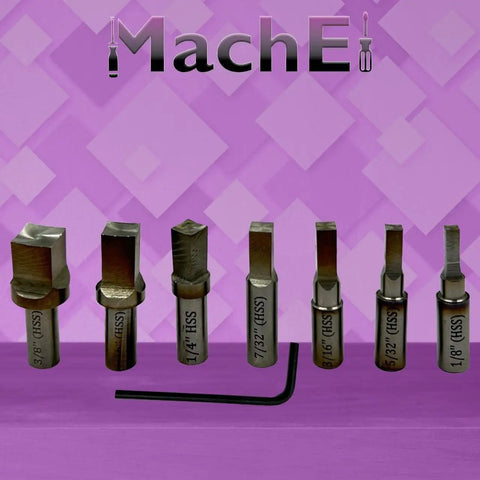 MT3 Shank Rotary Broach Set With 7 Piece HSS Square Punches displayed on purple background with sizes visible