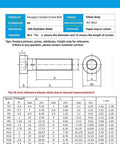 Product parameters table for Furniture Hex Socket Cup Head Screws Bolts Set 100 Pieces, including M3 to M22 sizes, 304 stainless steel.