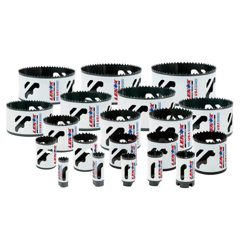 Lenox 26-piece bi-metal hole saw kit, front view; assorted silver cutters in multiple sizes.