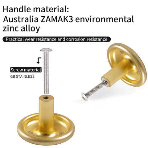 Six Pack 1.65 Inch Round Gold Cabinet Knobs With Brushed Finish Oversize Pulls showing zinc alloy material and screw details