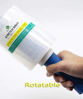 Close-up of Mini Clear Stretch Wrap Film 5 Inch By 1000 Feet 4 Pack With Easy Grip Handle 80 Gauge Heavy Duty for moving.