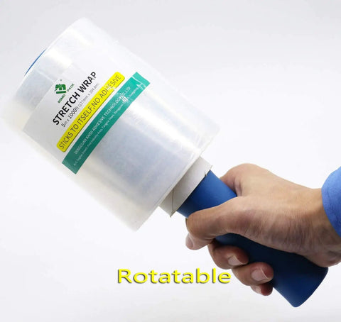 Close-up of Mini Clear Stretch Wrap Film 5 Inch By 1000 Feet 4 Pack With Easy Grip Handle 80 Gauge Heavy Duty for moving.