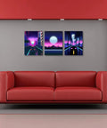 Neon Cyberpunk City Wall Art Set, 3 Panels, 12x16 Inches, Teen Boy Room Decor, cars driving through neon suburbs on a retro 80s landscape