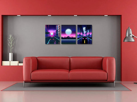 Neon Cyberpunk City Wall Art Set, 3 Panels, 12x16 Inches, Teen Boy Room Decor, cars driving through neon suburbs on a retro 80s landscape
