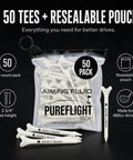Dont Suck Golf Tees Pack Of 50 With Durable Four Prong Design And PureFlight Tech in resealable pouch with tees displayed