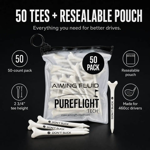 Dont Suck Golf Tees Pack Of 50 With Durable Four Prong Design And PureFlight Tech in resealable pouch with tees displayed
