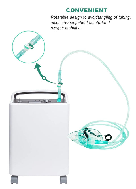 Oxygen tubing swivel connectors, 360° rotation; teal plastic fittings attached to portable oxygen concentrator and mask.