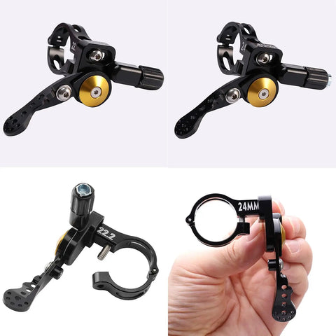 Universal MTB Dropper Remote Lever For 22.2mm Or 24mm Handlebar, Aluminum Seatpost Shifter with detail of clamp and wrenches.