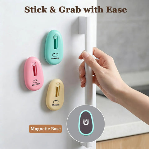 Hand grabbing fridge door next to colorful magnetic hooks with 'Stick & Grab with Ease' text.