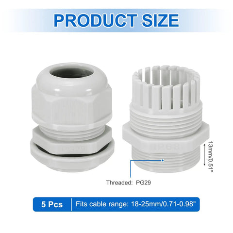 Five Pack PG29 Cable Glands, Adjustable 18-25mm, PA6 Nylon, IP68 Waterproof Connectors With Seals, Anti-Corrosion, Built Tough For Industrial And Outdoor Electrical Enclosures, White
