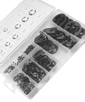 Pro Grade 300 Piece External Retaining Ring Kit in nine sizes from 3 mm to 22 mm, boxed E clip snap rings, black alloy steel.